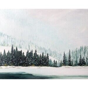 Original Oil Painting, Snowy Lake with Pines, Winter Landscape Art 16x20 Signed